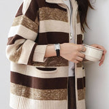 Casual High Neck Double-Zip Color-Block Striped Knitted Coat