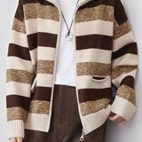 Casual High Neck Double-Zip Color-Block Striped Knitted Coat