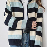 Casual High Neck Double-Zip Color-Block Striped Knitted Coat