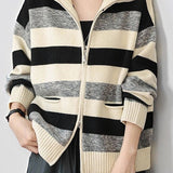 Casual High Neck Double-Zip Color-Block Striped Knitted Coat