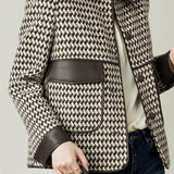 Commuter Color-Block Houndstooth Patchwork Lapel Coat