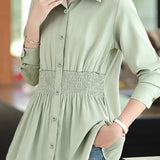 Casual Versatile Elastic Waist Solid-Color Shirt