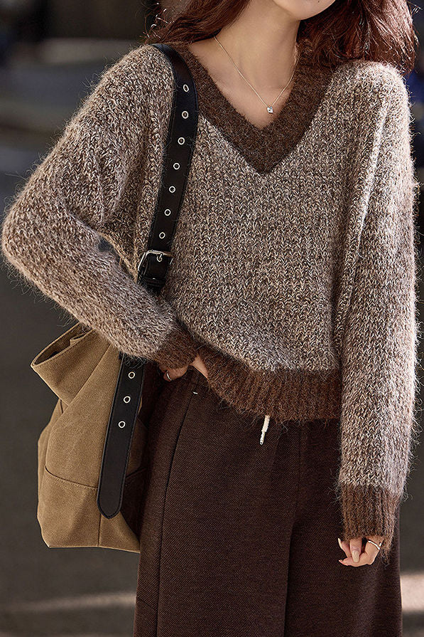Casual Temperament V-Neck Color-Block Sweater - liwisi