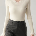 Casual Lace V-Neck Paneled Pullover Long-Sleeve Knitted Base Layer - liwisi