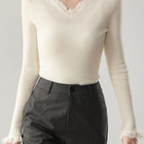 Casual Lace V-Neck Paneled Pullover Long-Sleeve Knitted Base Layer - liwisi