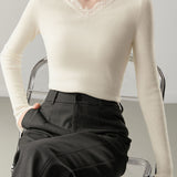 Casual Lace V-Neck Paneled Pullover Long-Sleeve Knitted Base Layer - liwisi