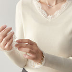 Casual Lace V-Neck Paneled Pullover Long-Sleeve Knitted Base Layer - liwisi