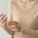 Casual Lace V-Neck Paneled Pullover Long-Sleeve Knitted Base Layer - liwisi