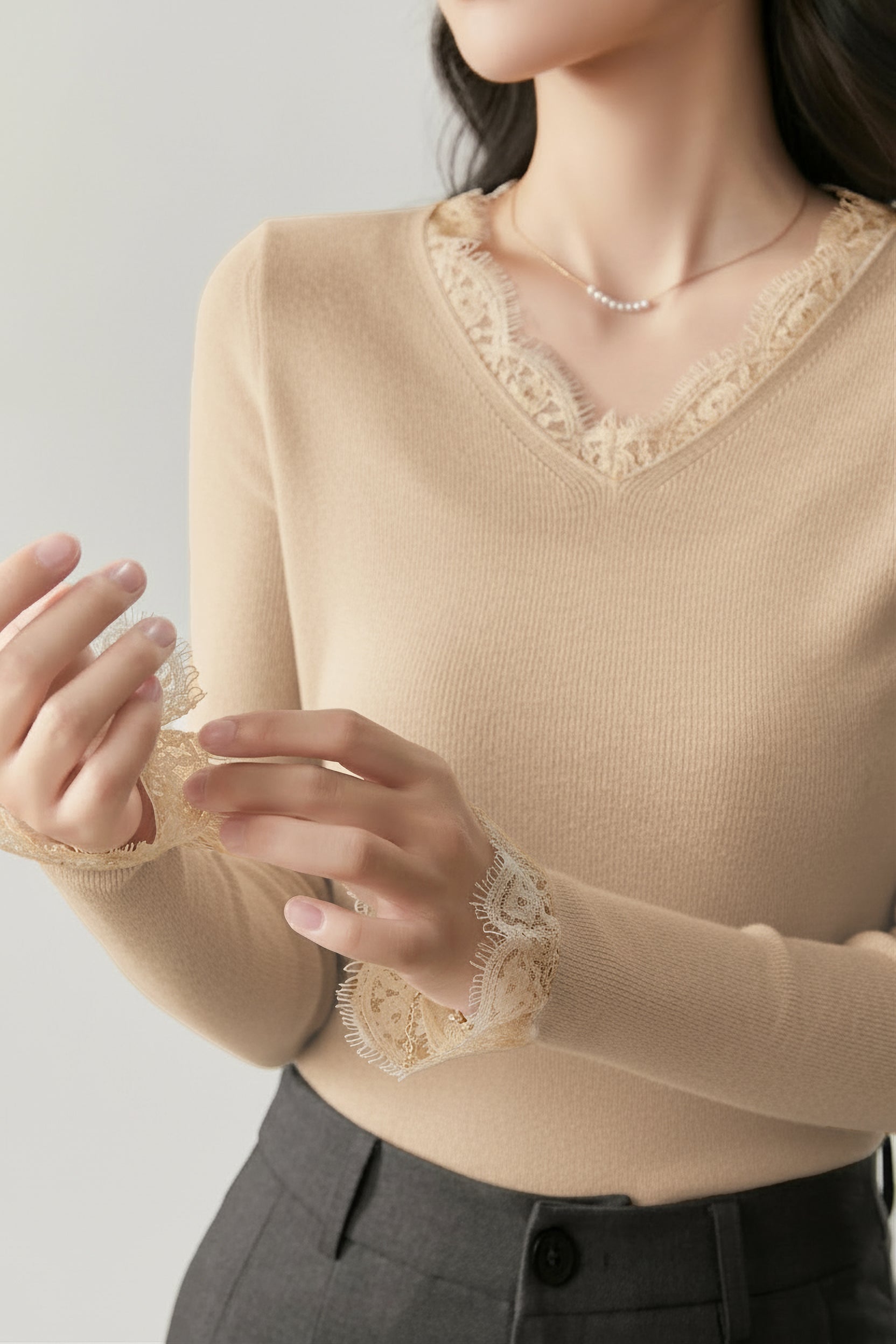 Casual Lace V-Neck Paneled Pullover Long-Sleeve Knitted Base Layer - liwisi