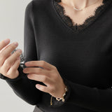 Casual Lace V-Neck Paneled Pullover Long-Sleeve Knitted Base Layer - liwisi