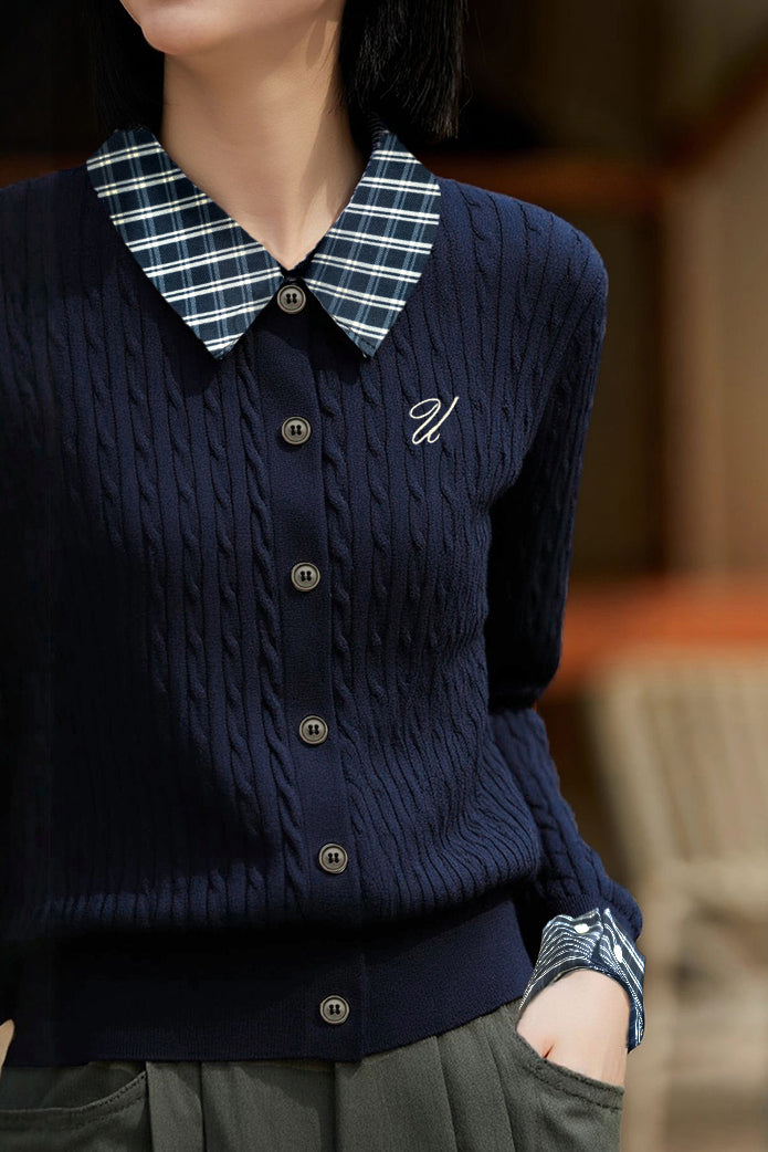 Casual Color-Block Plaid Lapel Cable-Knit Cardigan - liwisi