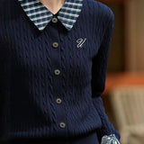 Casual Color-Block Plaid Lapel Cable-Knit Cardigan - liwisi