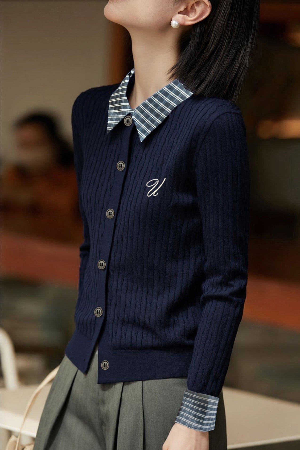 Casual Color-Block Plaid Lapel Cable-Knit Cardigan - liwisi