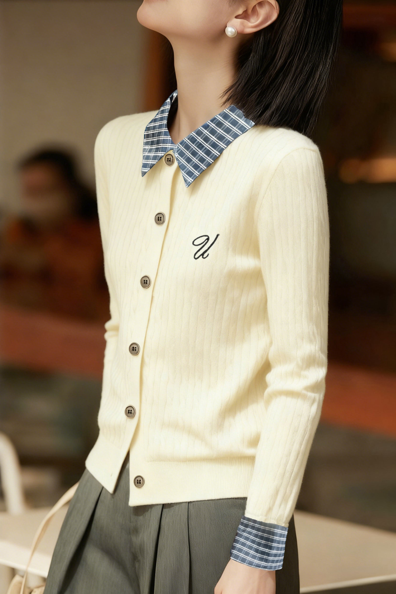 Casual Color-Block Plaid Lapel Cable-Knit Cardigan - liwisi