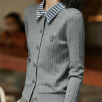 Casual Color-Block Plaid Lapel Cable-Knit Cardigan - liwisi