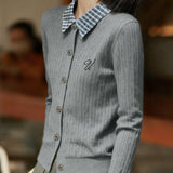 Casual Color-Block Plaid Lapel Cable-Knit Cardigan - liwisi
