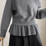 Casual Crew Neck Ruffled Removable Pullover Long-Sleeve Knitted Top