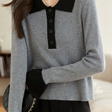 Casual Minimalist Color-Block Lapel Pullover Knitted Top