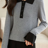 Casual Minimalist Color-Block Lapel Pullover Knitted Top