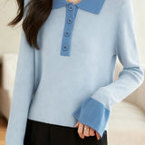 Casual Minimalist Color-Block Lapel Pullover Knitted Top