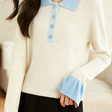Casual Minimalist Color-Block Lapel Pullover Knitted Top