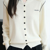 Casual Versatile V-Neck Embroidered Color-Block Knitted Cardigan