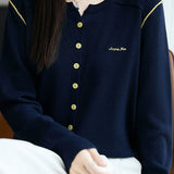 Casual Versatile V-Neck Embroidered Color-Block Knitted Cardigan