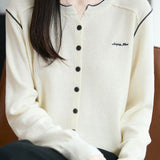 Casual Versatile V-Neck Embroidered Color-Block Knitted Cardigan