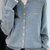 Casual Versatile V-Neck Embroidered Color-Block Knitted Cardigan