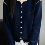 Casual Versatile V-Neck Embroidered Color-Block Knitted Cardigan