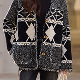 Casual Color-Block Argyle Fringed Knitted Coat