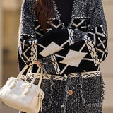 Casual Color-Block Argyle Fringed Knitted Coat