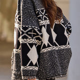 Casual Color-Block Argyle Fringed Knitted Coat