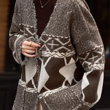 Casual Color-Block Argyle Fringed Knitted Coat