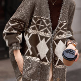 Casual Color-Block Argyle Fringed Knitted Coat