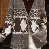 Casual Color-Block Argyle Fringed Knitted Coat