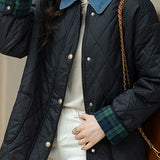 Casual Versatile Color-Block Patchwork Argyle Cotton-Padded Coat