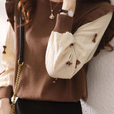 Casual Versatile Ruffled Bowknot Color-Block Knitted Top