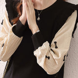 Casual Versatile Ruffled Bowknot Color-Block Knitted Top