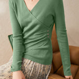 Casual Versatile V-Neck Asymmetric Base Layer Knitted Top