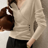 Casual Versatile V-Neck Asymmetric Base Layer Knitted Top