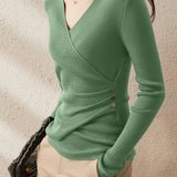 Casual Versatile V-Neck Asymmetric Base Layer Knitted Top