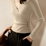 Casual Versatile V-Neck Asymmetric Base Layer Knitted Top