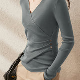 Casual Versatile V-Neck Asymmetric Base Layer Knitted Top