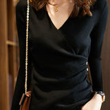 Casual Versatile V-Neck Asymmetric Base Layer Knitted Top