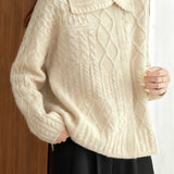 Casual Versatile Lapel Diagonal Placket Cable-Knit Cardigan