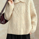Casual Versatile Lapel Diagonal Placket Cable-Knit Cardigan