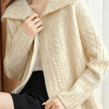 Casual Versatile Lapel Diagonal Placket Cable-Knit Cardigan