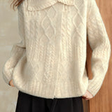 Casual Versatile Lapel Diagonal Placket Cable-Knit Cardigan