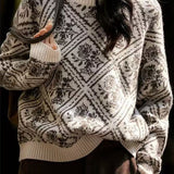 Casual Versatile Crew Neck Pullover Long-Sleeve Jacquard Knitted Top